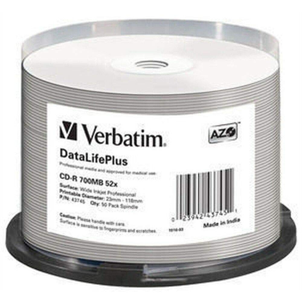 Verbatim 43745 CD-R AZO Wide Inkjet Printable 700 MB I 50er Pack Spindel I CD Rohlinge I 52-fache Brenngeschwindigkeit mit langer Lebensdauer I leere CDs bedruckbar I Audio CD Rohling