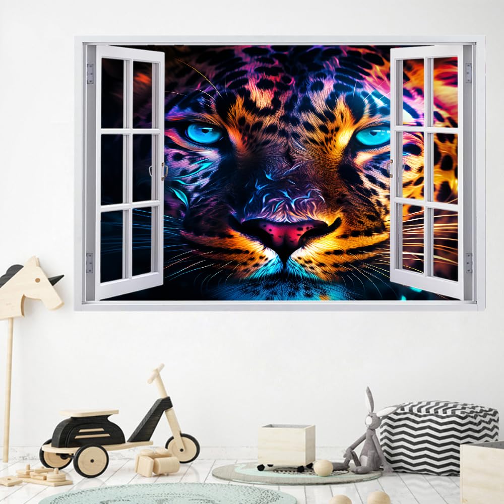 Decalcomanie da muro Art 3D Fracassato Animale Leopardo Adesivi murali removibili Arte Fantasy Colorata Carta da parati Camera da letto autoadesivo per ragazze Camera da letto Nursery Home Decor Gift