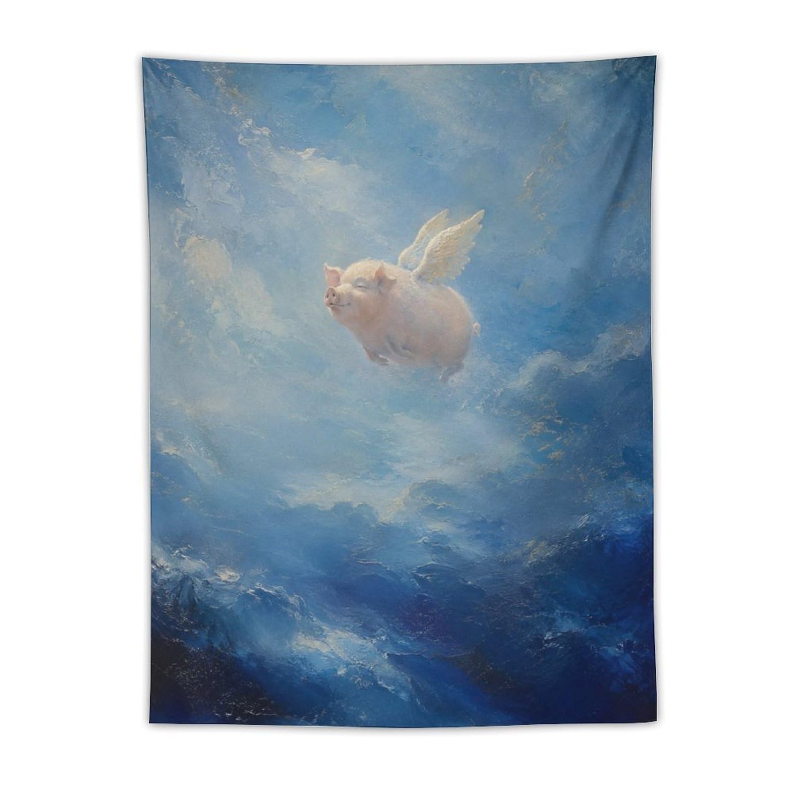 H3B8U2Y5 Flying Pig Ocean Sky Wall Tapestry, Naive Art Style, Bed