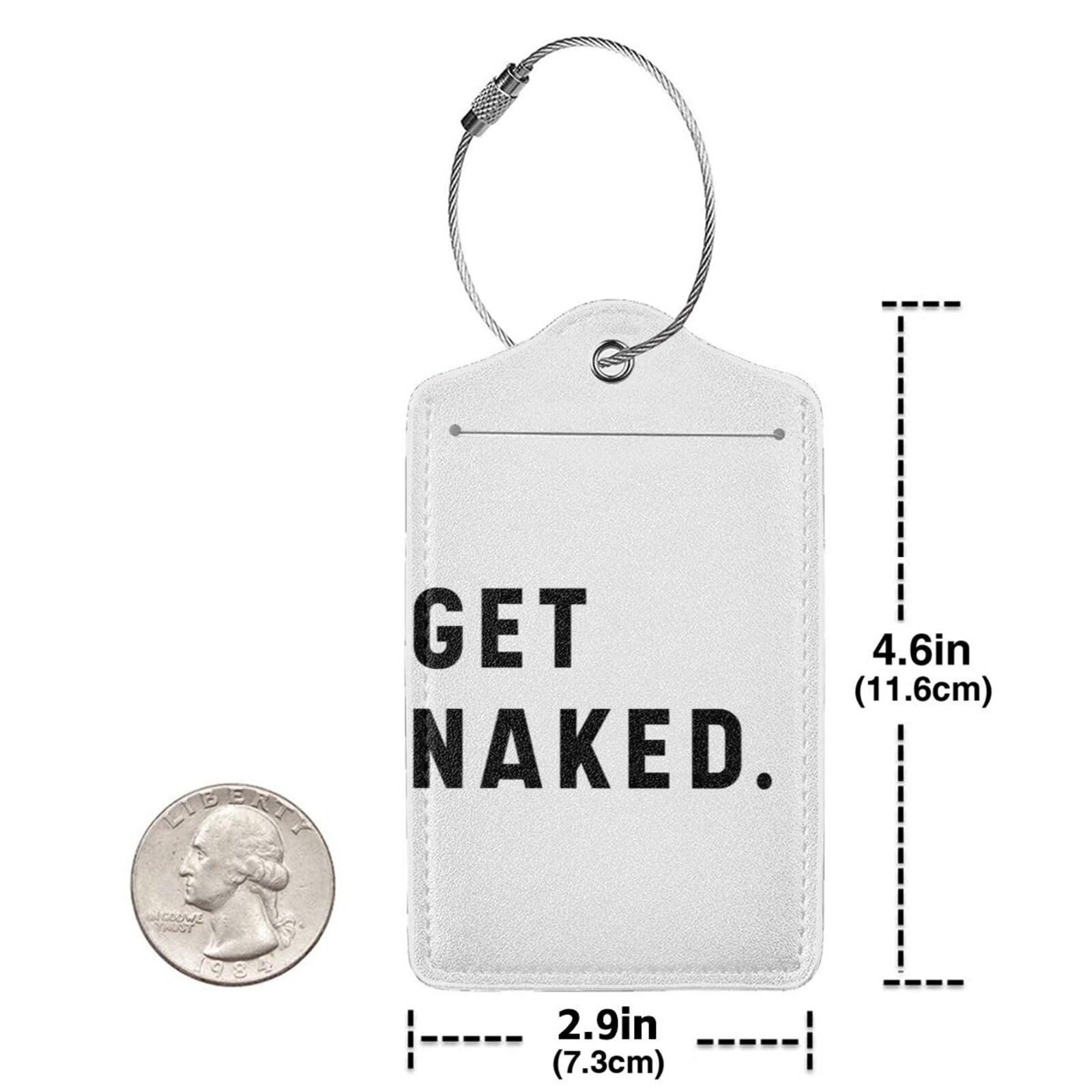 Paquete de 2 etiquetas de equipaje con texto en inglés "Get Naked" para maletas, piel sintética, protección de privacidad, etiquetas esenciales de viaje
