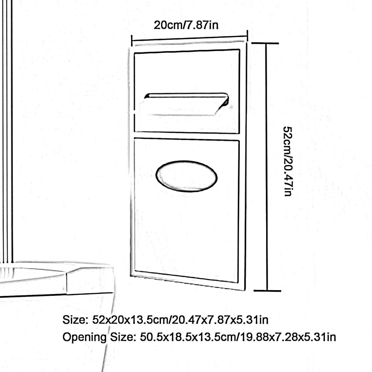 Stainless Steel Shower Niche - Waterproof Recessed Storage Shelf & Built-in Trash Can for Bathroom, Kitchen, Office, Hotel - 20x52x13.5cm (White)