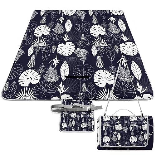 Summer-Tropical-Palms-Pattern Picnic Blanket Waterproof Foldable, Large Outdoor Picnic Blanket Beach Blankets Camping Blanket Travel Mat, Shoulder Strap Tote, Rectangle 58x58in