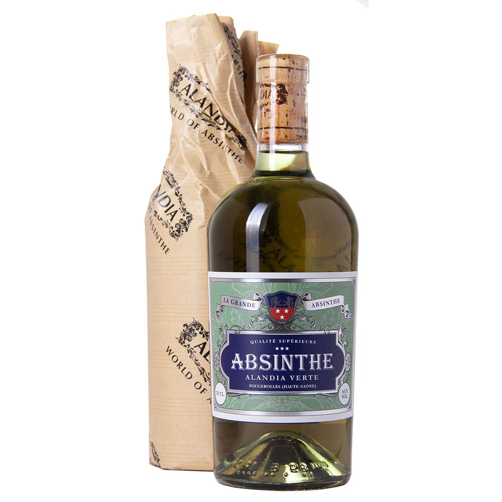 Absinth Set ALANDIA Verte | Mit Goldmedaille prämiert | Traditionelles 19. Jh. Rezept | 2x Gläser 2x Löffel 1x Zucker | (1x 0,5 l)