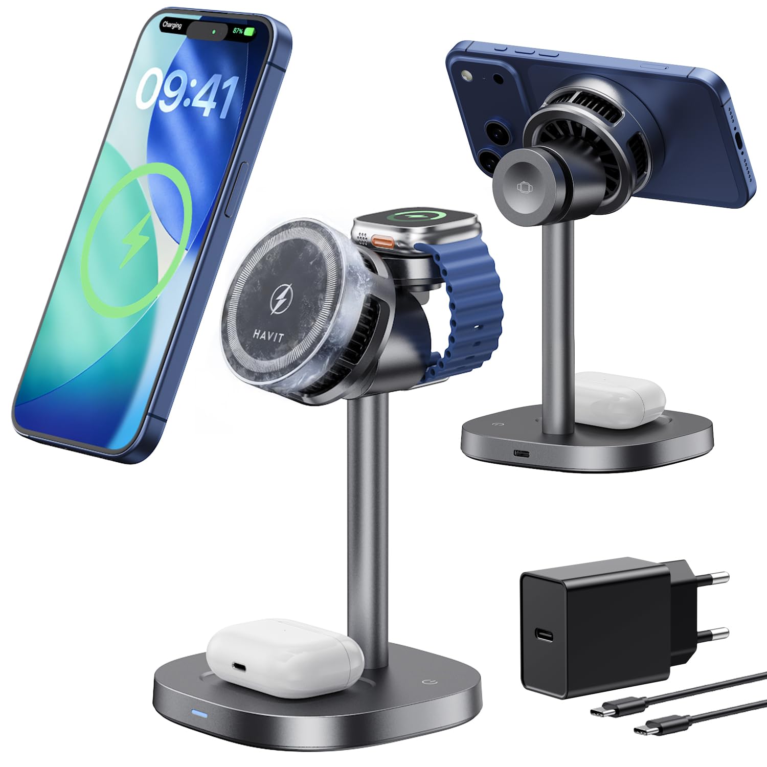 Havit Qi2 MagSafe Stazione di ricarica con raffreddamento attivo, caricabatterie 3 in 1 per Apple Watch e iPhone, caricatore wireless per iPhone 17/16/15/14/13/12 Max/Air/Plus/Pro, Apple Watch