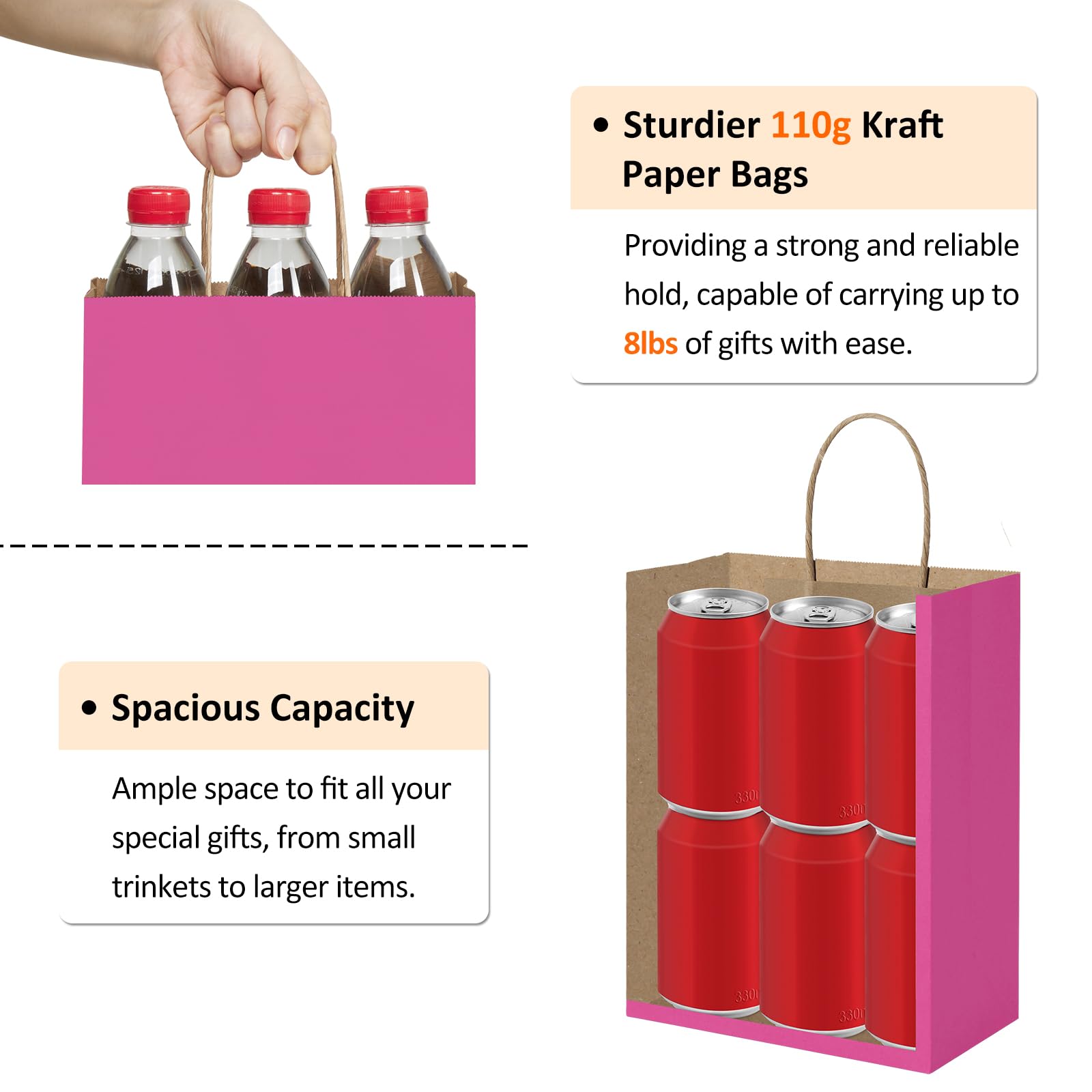 BagDream 25Pcs Hot Pink Gift Bags 8x4.25x10.5 Kraft Paper Gift Bags with Handles for Shopping, Small Business, Retail Merchandise Grocery, Birthday Party Favor, Medium Pink Paper Sacks