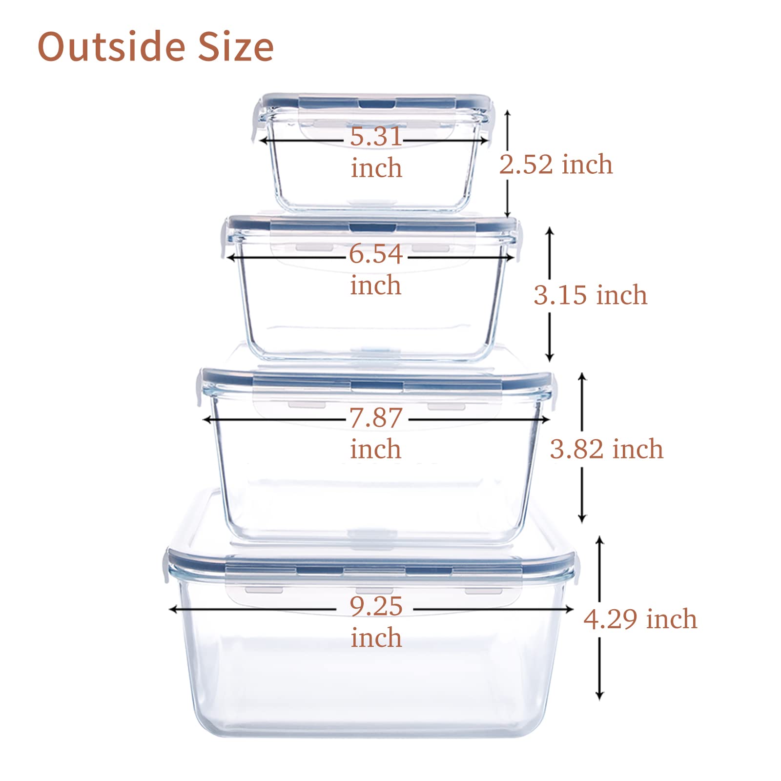Glasbehälter-Set, quadratisch, 8-teilig, mit verschließbarem Deckel, ideal zur Aufbewahrung von Lebensmitteln, Gemüse oder Obst, zum Backen von Kuchen und anderen leckeren Lebensmitteln (quadratisch)