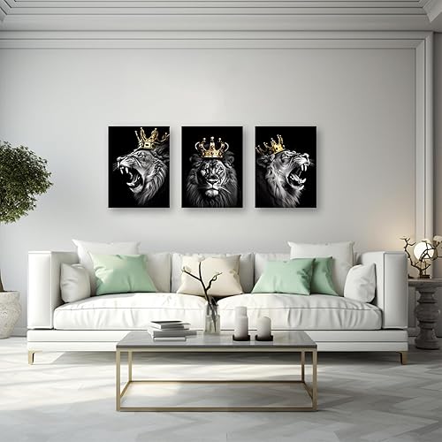 Miniatura 3 de DOARTDO Cuadro de león para decoración de pared, 3 paneles, lienzo de animales en blanco y negro, arte de pared, arte de león con corona, marco