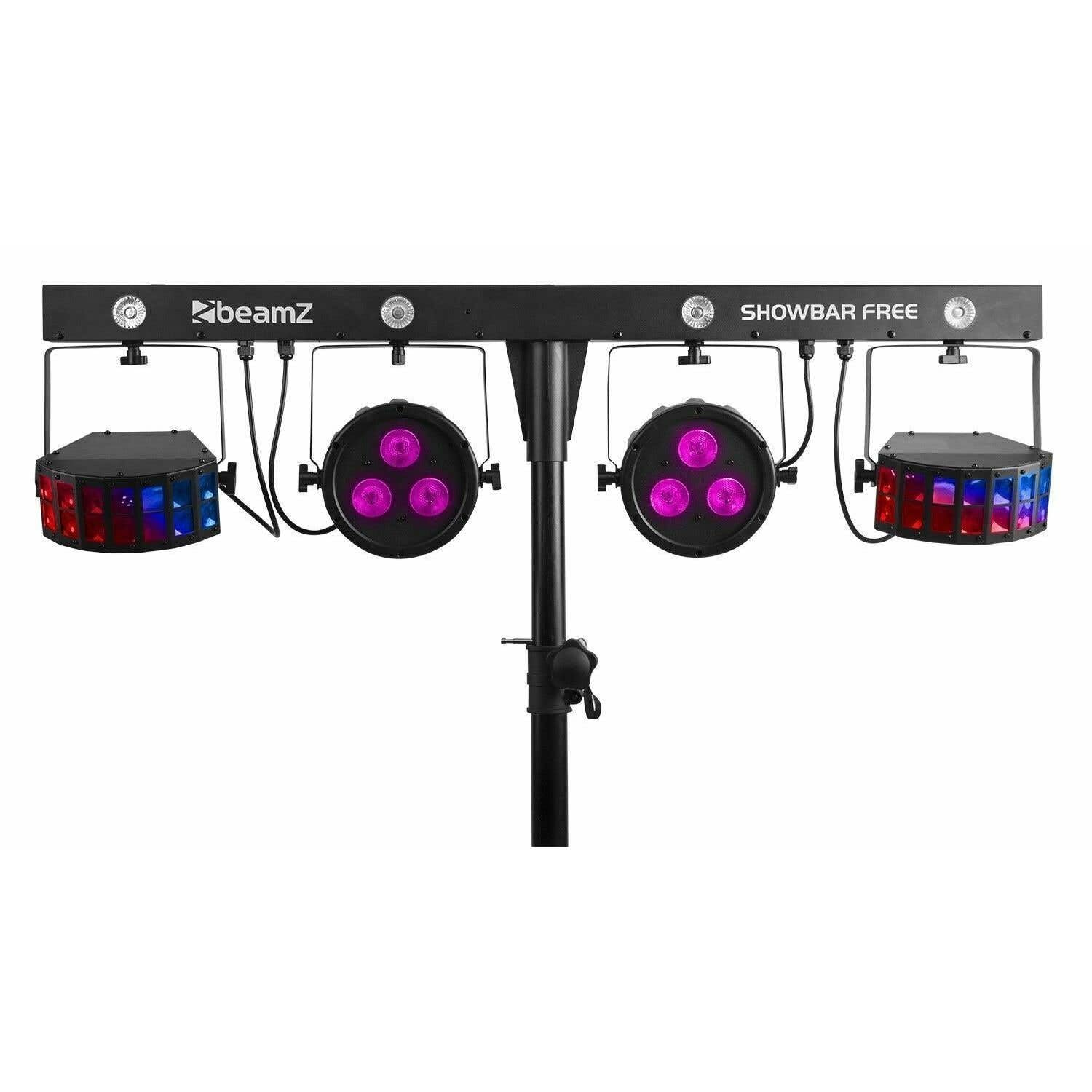 BeamZ Showbar FREE - Partybar Lichtanlage LED Bar DMX Disco Licht Party Lichter Discolicht Partylicht mit 2x PAR-Spots, 2x Derby-Lichteffekten und LED Strobo mit Fernbedienung und Tasche