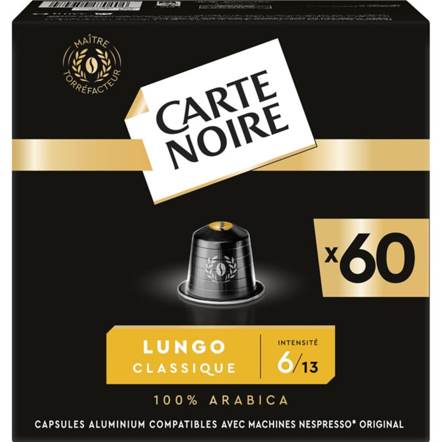 Carte Noire, Espresso Lungo, aluminiowe kapsułki kompatybilne z Nespresso, 1 opakowanie 60 kapsułek, 100% arabika, nuty prażone i orzechowe, intensywność 8/10, bogata tekstura, kapsułki na wysoką kawę