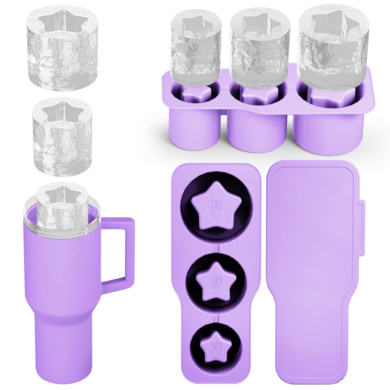 Ice Cube Tray for Tumbler, 3-in-1 Silicone Ice Cube Trays with Lid for Freezer, Cylinder Ice Cube Mold for Stanley Cup Accessories, 20-40 oz Tumbler Ice Mold, Cocktails Whiskey Ice Cubes Mold (Purple)