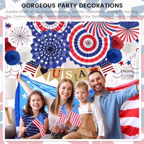 Image of 4th of July Decorations Patriotic Decor Love USA Banner Red White Blue Paper Fans Independence Day Star Streamer, Pom Poms, Hanging Swirls Party Decor Supplies