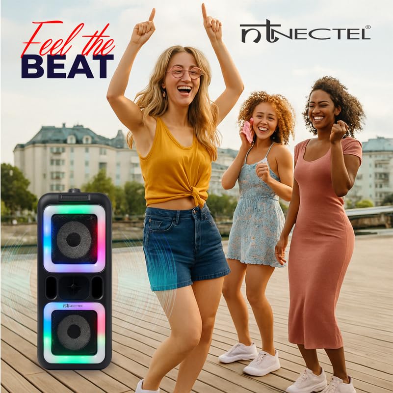Image of 50W Portable Multimedia Bluetooth Party Speaker with Dual 4 inch Drivers, RGB Lights, FM /USB /TF /AUX, Mic Input + Remote, Built‑in Battery for Party use (3H Playtime)