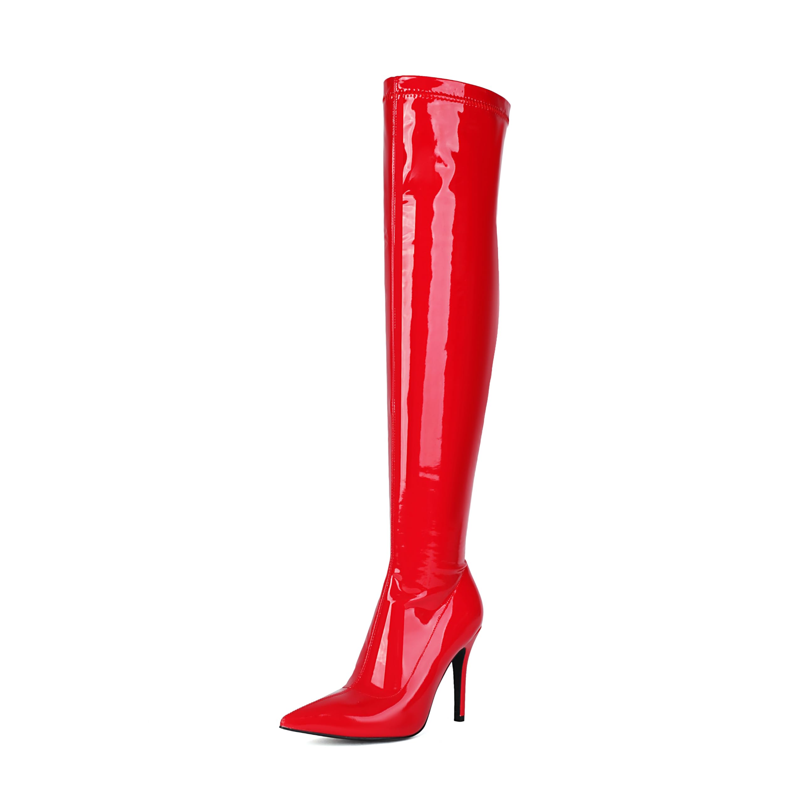 Feinlina Womens Black Over The Knee Boots Sexy Pointed Toe Patent Leather Thigh High Boots