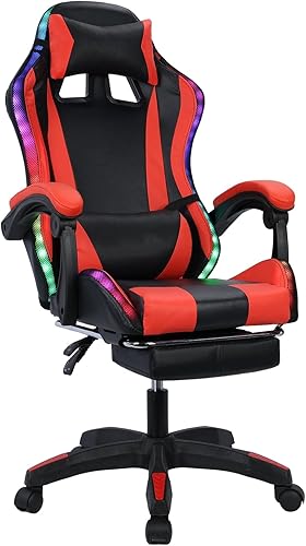 Sillas de juegos para adultos, silla de computadora con reposapiés y respaldo alto ergonómico, luz LED, sillas giratorias de 360 en altura ajustable