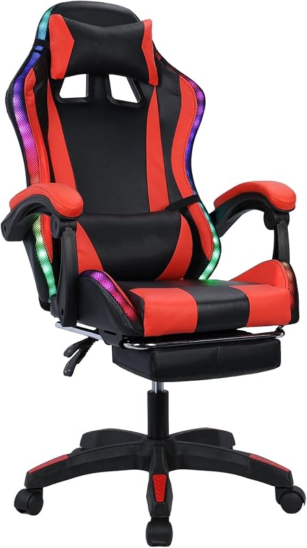 Silla para juegos RGB con parlantes y luces para juegos, trabajo y estudio | Silla de oficina ergonómica con respaldo alto, altura ajustable, reclinación de 135°, piel sintética roja