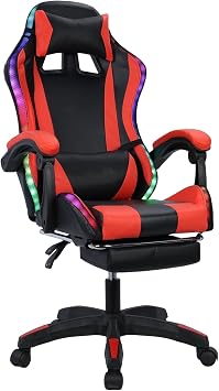 كرسي ألعاب، كرسي ألعاب مريح على طراز السباق مزود بتقنية البلوتوث مع مصابيح LED RGB ومسند قدم قابل للسحب ومسند ظهر قابل للتعديل - مثالي لتحمل الألعاب الطويلة 397 رطلاً باللونين الأسود والأحمر