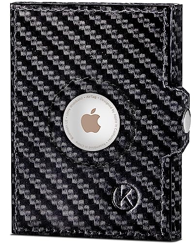 KORUTA Airtag Wallet mit Münzfach & RFID-Schutz - Airtag Portmonee Herren klein aus echtem Leder - Mini Geldbörse - Kreditkartenetui Kartenetui - Portemonnaie - Geldbeutel Carbon-Schwarz, XL Münzfach