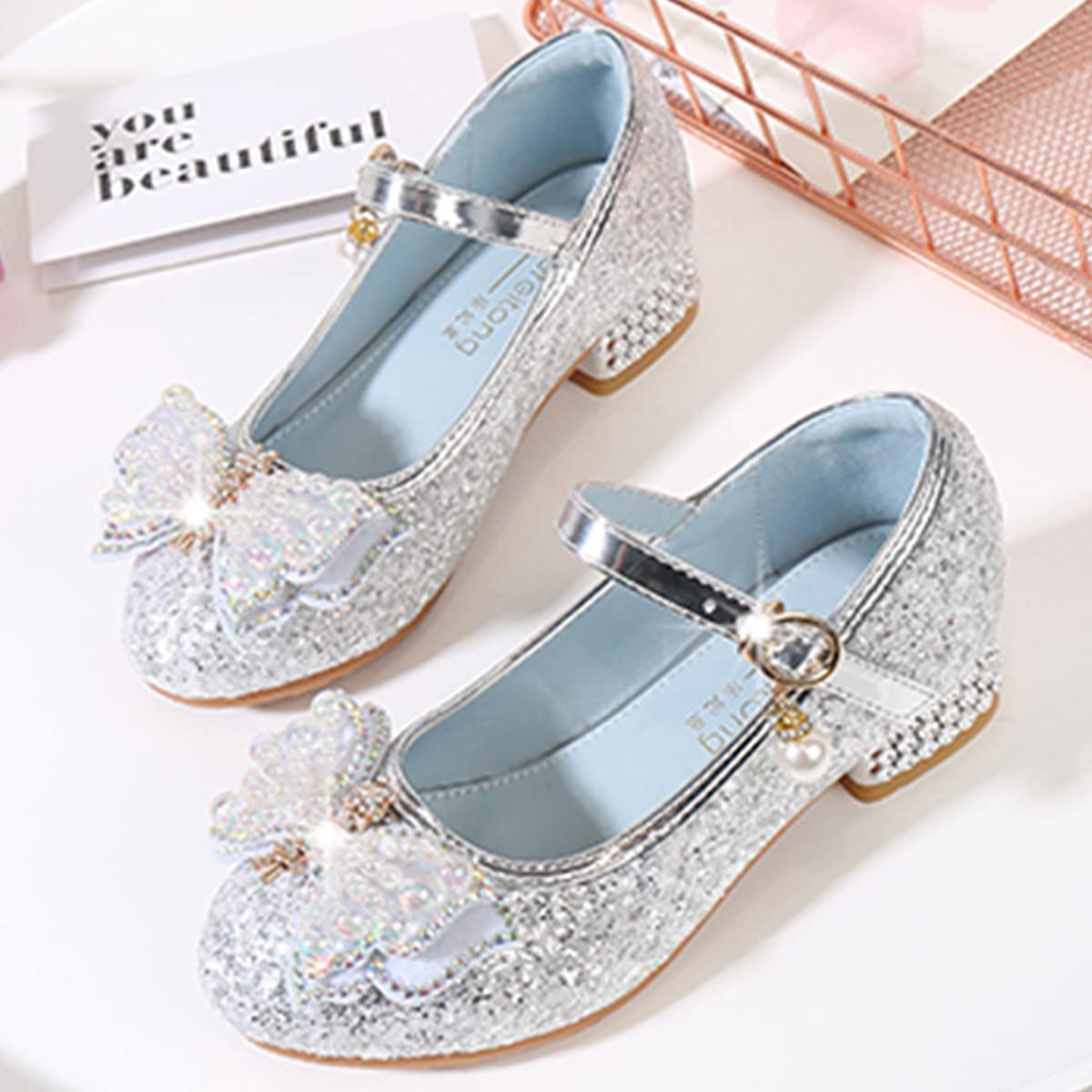 Princesse Fille Chaussure à Talon Enfant Ballerine Paillettes Papillon Danser Date d'anniversaire Fête des Enfant Sandales Mariage Halloween Noël Carnaval Cosplay Déguisement,Argent,25