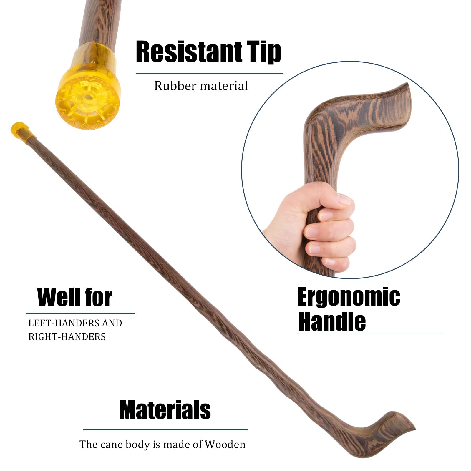 Bastones de Madera Brown Wave, con Mango Ergonómico y Punta de Goma Antideslizante Bastón Decorativo de Lujo para Hombre y Mujer de Cospaly 92 Cm