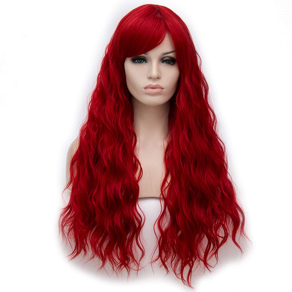 BERON 27 Inches Red Wig Long Curly Wig Red Wig for Women Wavy Red Wig with Bangs Heat Resistant Synthetic Hair Red Cosplay Costume Wig (Red)