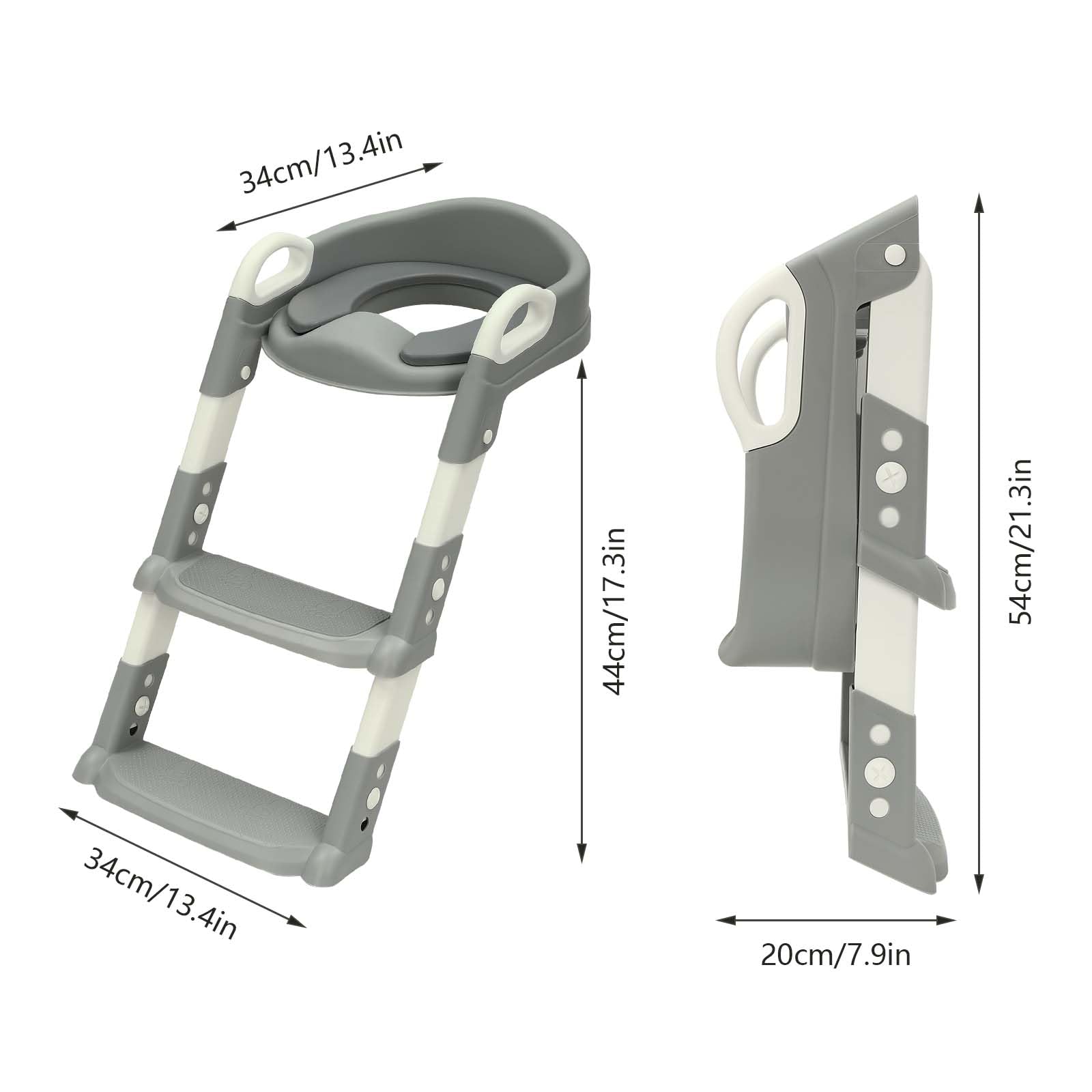 Siège de toilette pour enfant avec marche, coussin en PU détachable, réglable en hauteur 2–7 ans, siège de toilette pliable avec marche, antidérapant et sûr pour toilettes V/U/O (Gris)