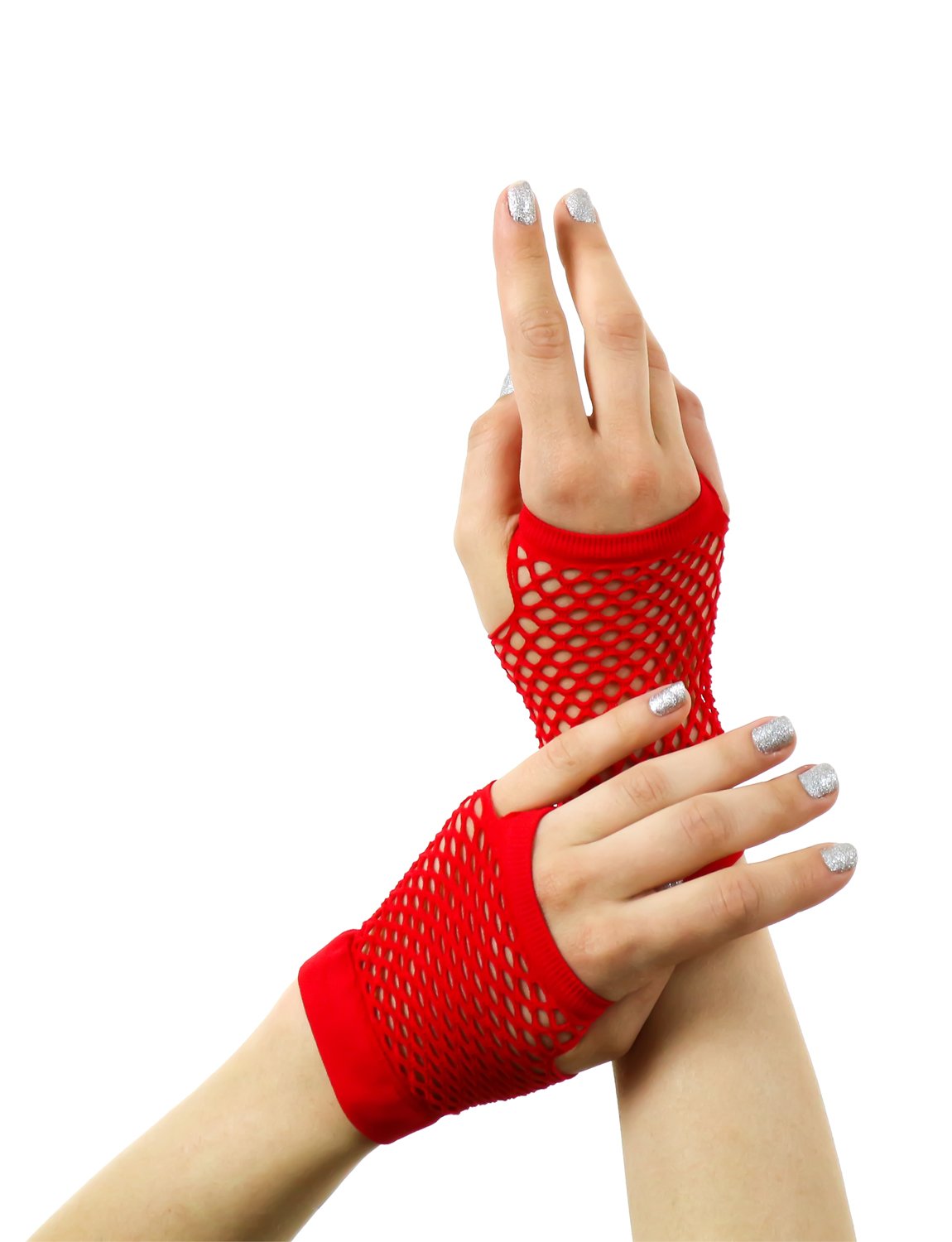 Yummy Bee Women's Red Short Fishnet Fingerless Gloves Short Or Long Elbow Length - Mesh Net Gloves Black Red Rainbow - Rave 80S Pride Fancy Dress Halloween Festival Accessories (Red, Short)