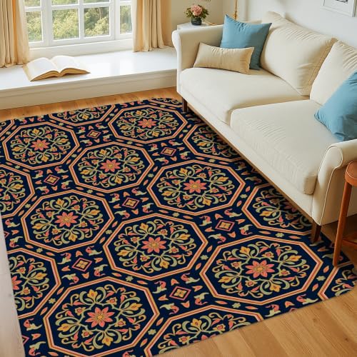 Alfombra dormitorio rectangular azul marino de flores con diseño de hojas tradicionales 6
