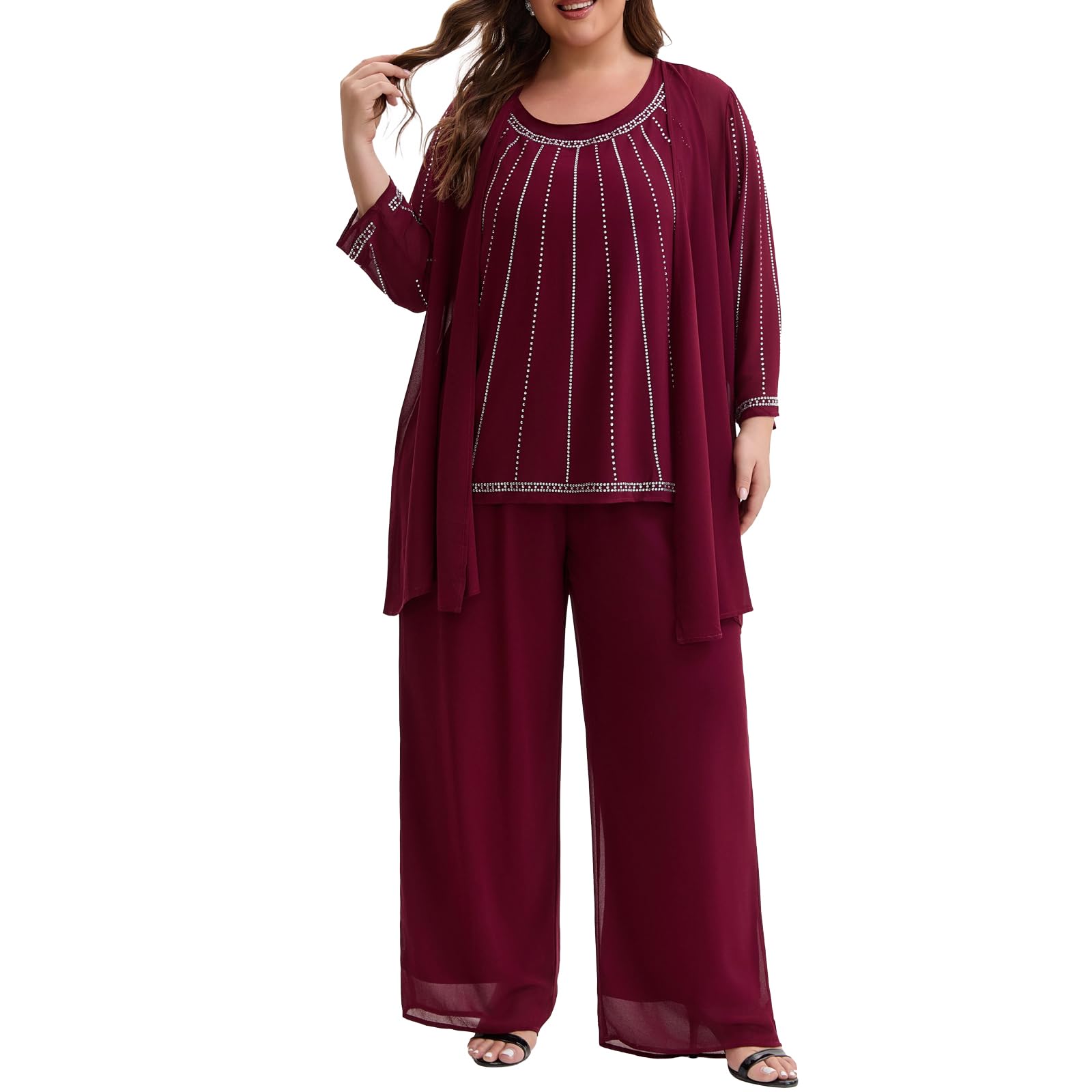 Plus Size Mother of The Bride 3 Piece Pantsuit Elegant Chiffon Rhinestone Embellished Outfit for Wedding Guest Formal