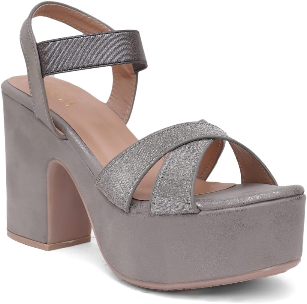 Shuz TouchWomen Solid Cross Strap Sling Back Chunky Heels Sandal