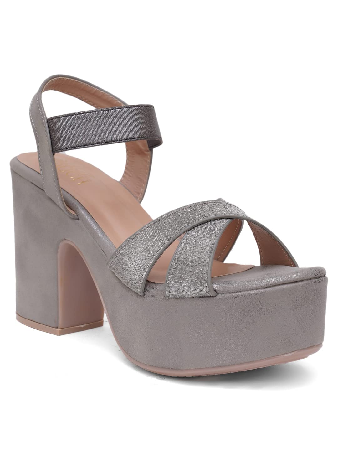 Shuz TouchWomen Solid Cross Strap Sling Back Chunky Heels Sandal