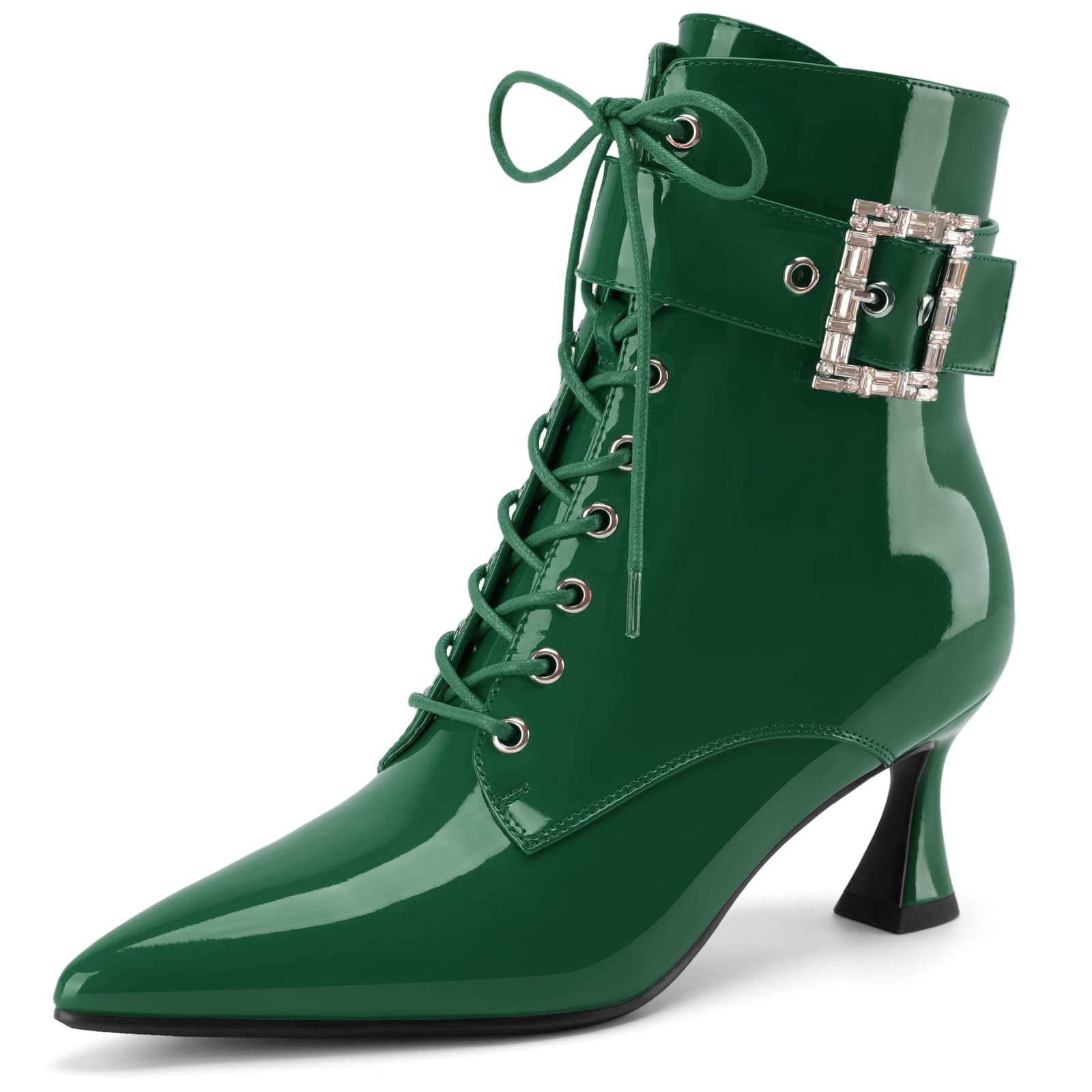 Womens Kitten Heel Ankle Boots Pointed Toe Fashion Patent Leather Rhinestone Lace Up Short Boots Dressy Witch Costume