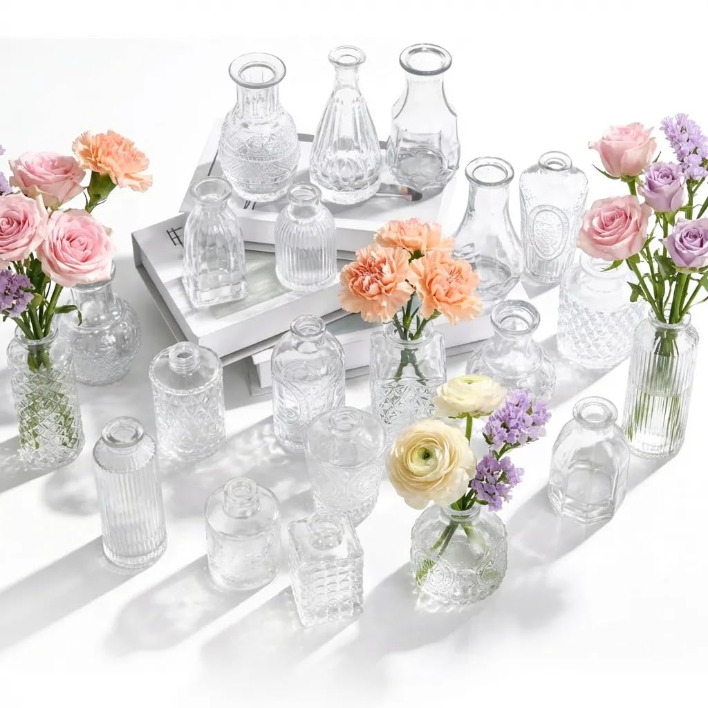 Juego de 22 jarrones pequeños de cristal transparente para decoración de mesa, bodas, hogar y fiestas