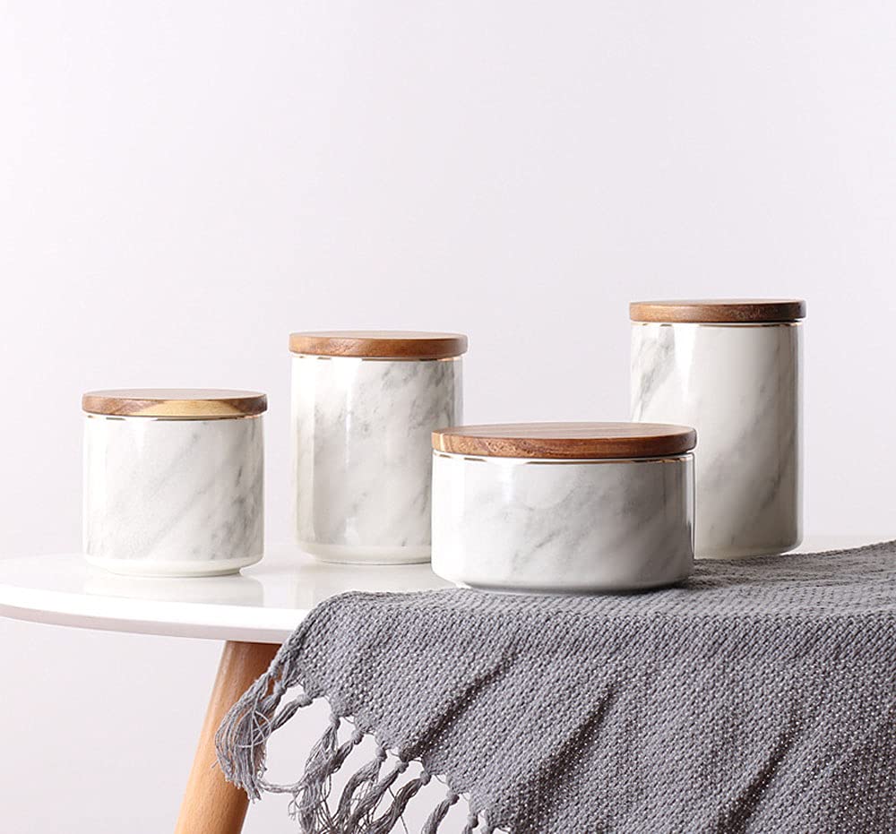 CMBSSTFC Barattolo di spezie per zuccheriera in Ceramica di Marmo con Coperchio in Legno Bordo Dorato Pentola per Alimenti per barattoli di spezie da Cucina Set per organizzare ed esporre Eleganti