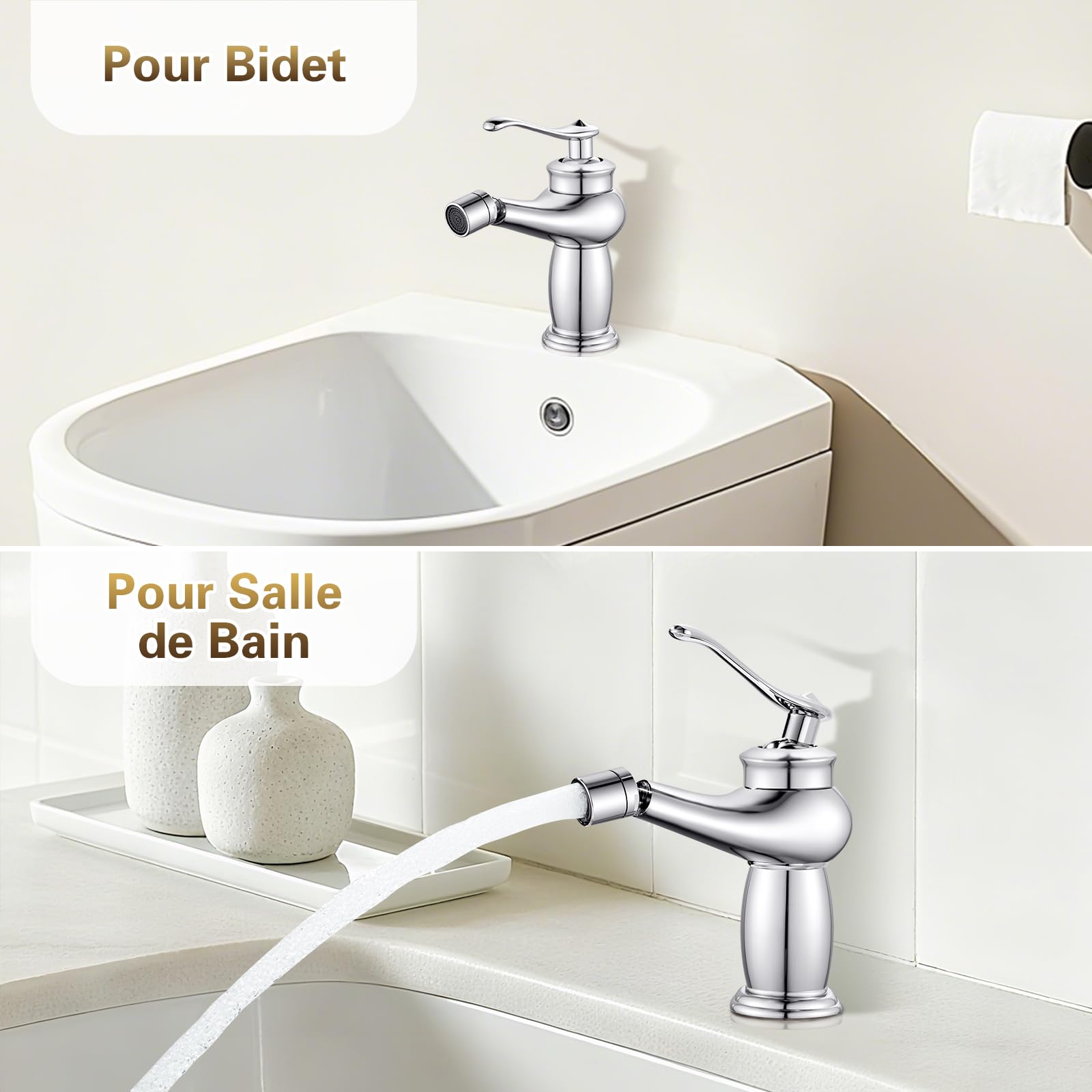Robinet de Bidet Monocommande, Mitigeur Lavabo Robinet de Salle de Bains avec Bec Pivotant, Raccord Standard G3/8, Chromé