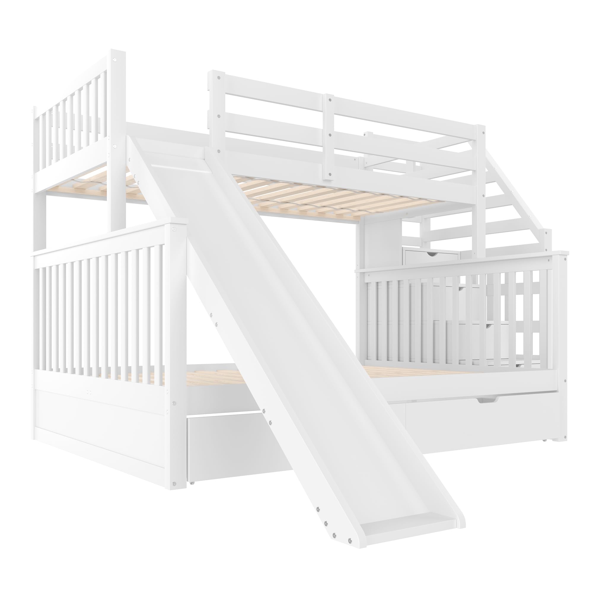SACOOL Letto a castello 90x200 sopra 140x200 con cassetti portaoggetti e scivolo multifunzionale bianco