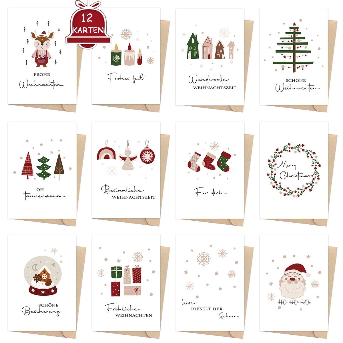 JOYEASE Weihnachtskarten mit Umschlag Set, 12 x verschiedene Postkarten weihnachten im modern Stil, A6 Weihnachtspostkarten mit schönen Sprüchen und Mustern