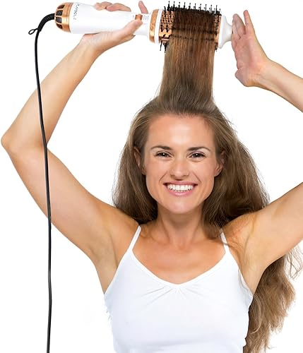 Miniatura 6 de Plavogue - Cepillo secador de doble voltaje para viajes europeos, cepillo de aire caliente 110V-240V con voluminizador, carga iónica negativa Oro