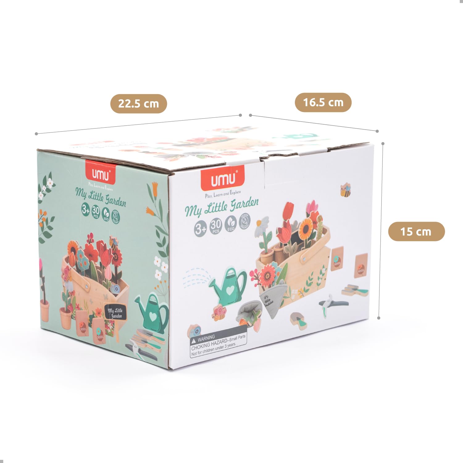 umu® Juego de jardín de madera para niños con accesorios – Juguetes de jardín para niños, juego de herramientas de jardín para niñas y niños, regadera, pala, rastrillo, juguete educativo a partir de