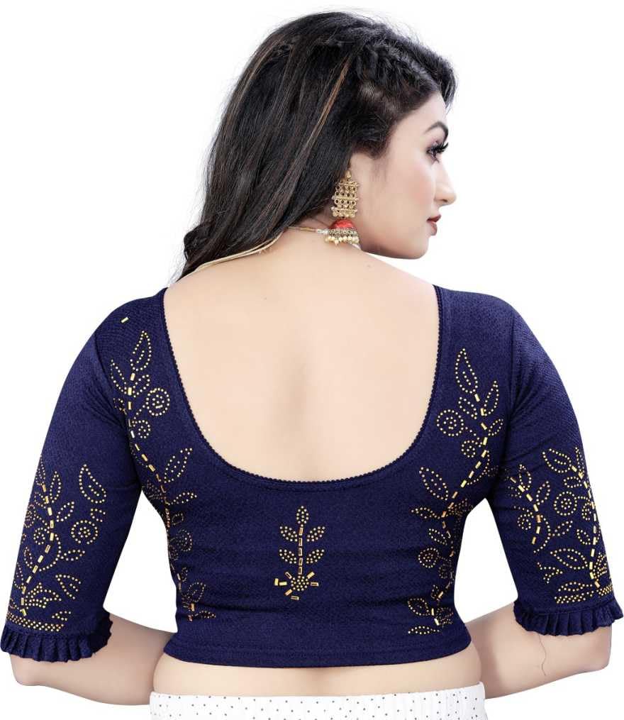 Stylish Stone Work Readymade Saree Blouse for Women Golden Swarovski Work on Stretchable Round Neck Half Sleeves with Frill Nevy Blue Size 38"-image-39