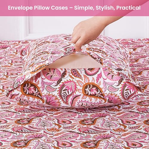 Image of Softan Pink Paisley Floral Twin Sheet Set, 3-Piece Cozy Boho Microfiber Printed Fitted Bed Sheet with 15 inch Deep Pockets & Non-Slip Straps, Kids Girls Patterned Sheets & Pillowcase Set