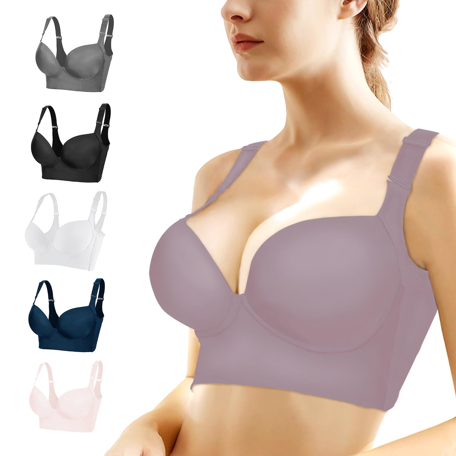 Runilut Women's Push Up Bra,Full-Coverage Underwire Bra,Hide Back Fat Deep Cup Bra,Smoothing T-Shirt Bra,Sculpting Uplift Bra