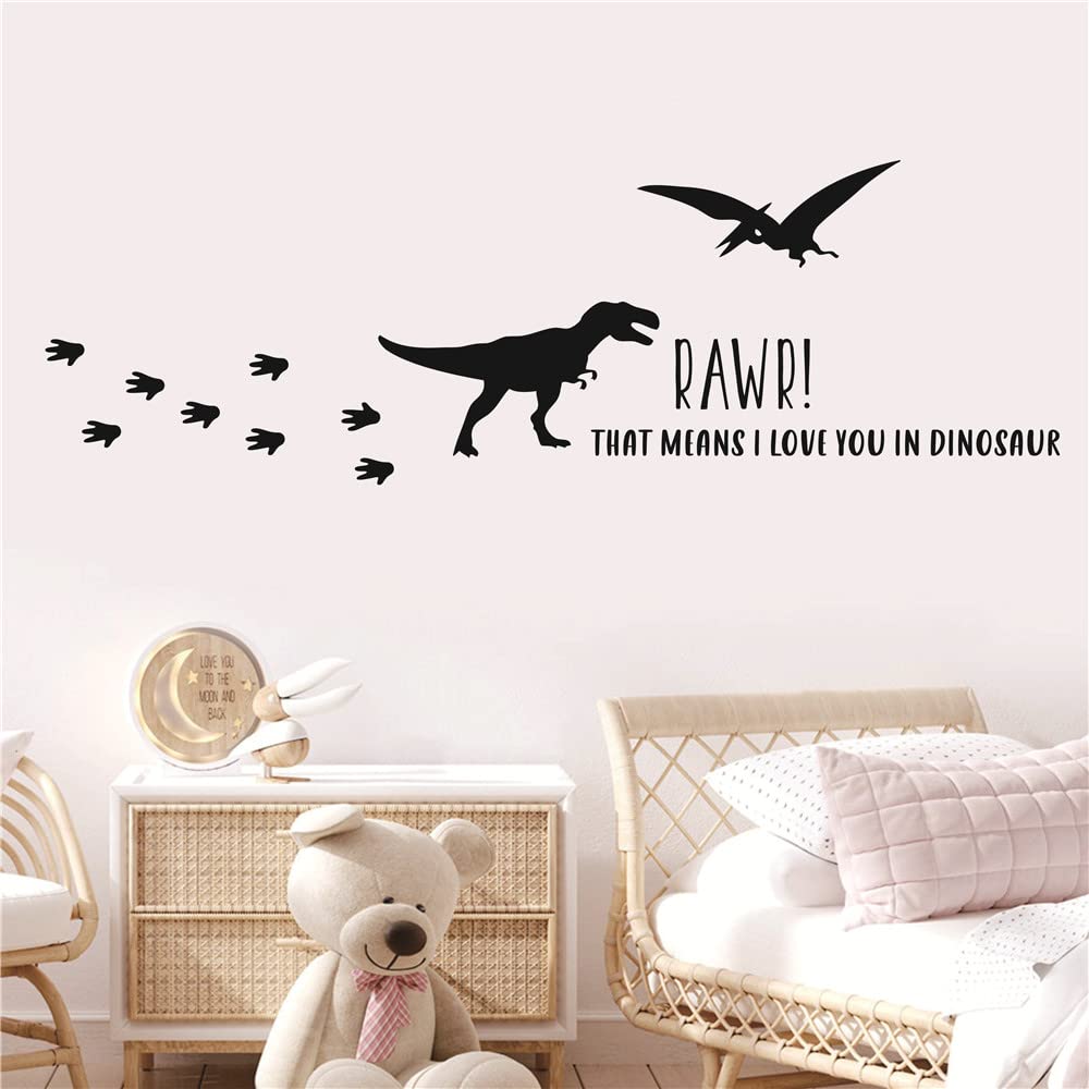 Dinosaur Wall Decal Sticker Set - Removable Pterosaur & Footprints Decor For Kids Bedroom, Black