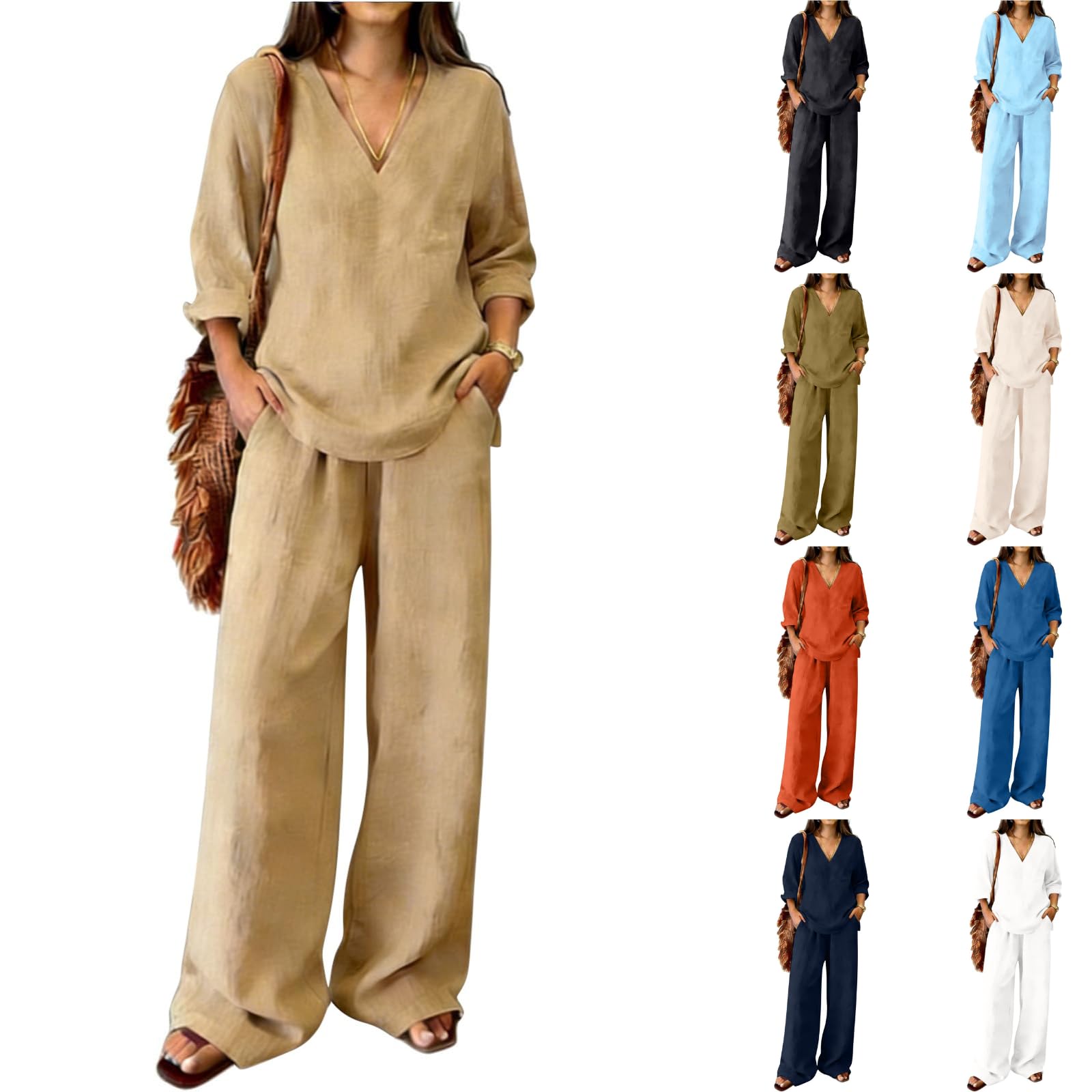 Co Ord Sets for Women UK Summer 2 Piece Lounge Wear Sets Plus Size Ladies Co Ords Outfits V Neck Long Sleeve Tops and Wide Leg Trousers Drawstring with Pockets Casua Holiday Outfits-picture-30