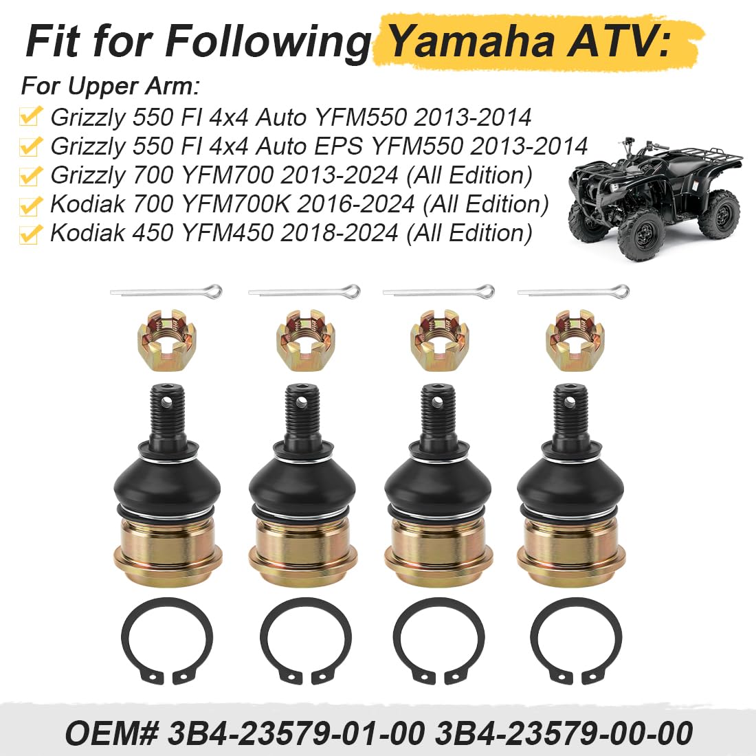 4 x przednie górne i dolne przeguby kulowe pasujące do Yama-ha Grizzly 700 550 FI 4x4 Kodiak 450 700 2013-2024 3B4-23579-01-00 3B4-23579-00-00