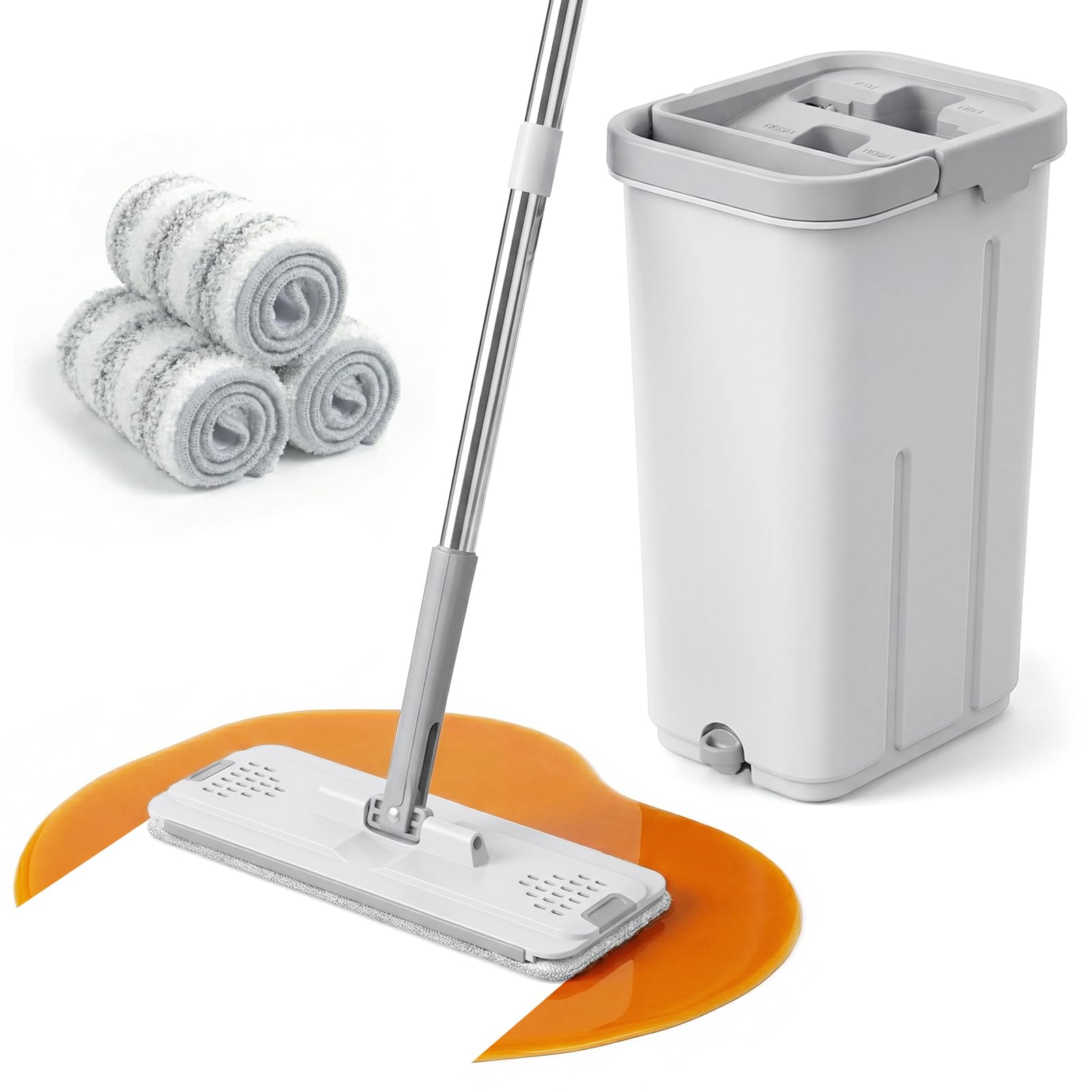 - Mop and Bucket Set with Wringer, Flat Mops for Floor Cleaning, 4 Washable Microfiber Pads, Quick Cleaning Mop Safe on Wood Floors, Vinyl, Tile, Baseboards and Walls