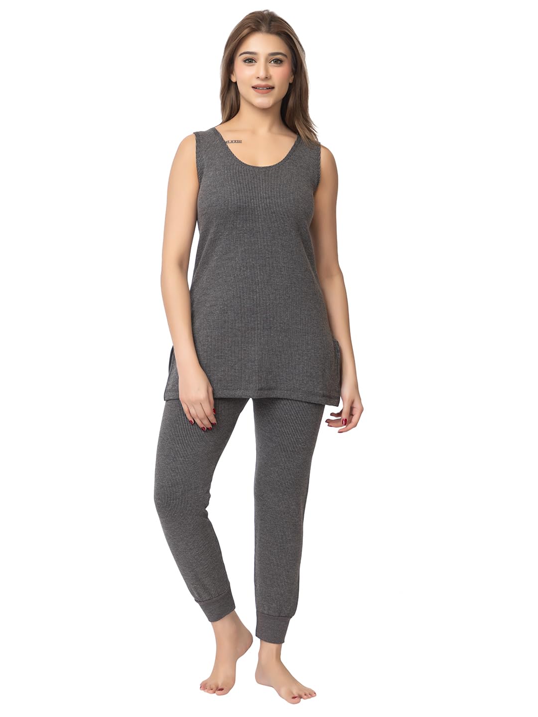 Winter Wear Inner Wear Nightwear Soft & Warm Cotton Blend Round Neck Sleeveless Solid Women's Thermal Set (W THML Slevls 3x1)-image-5