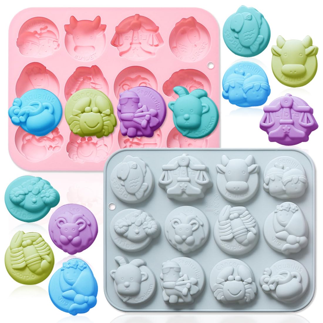 2 Pack 12 Zodiac Themed Silicone Soap Molds, 12 Cavity 3D 12 Constellation Animals DIY Silicone Fondant Cake Mould Tray Baking Tools for Chocolate Candy Mousse Pudding Candle Resin Polymer Clay