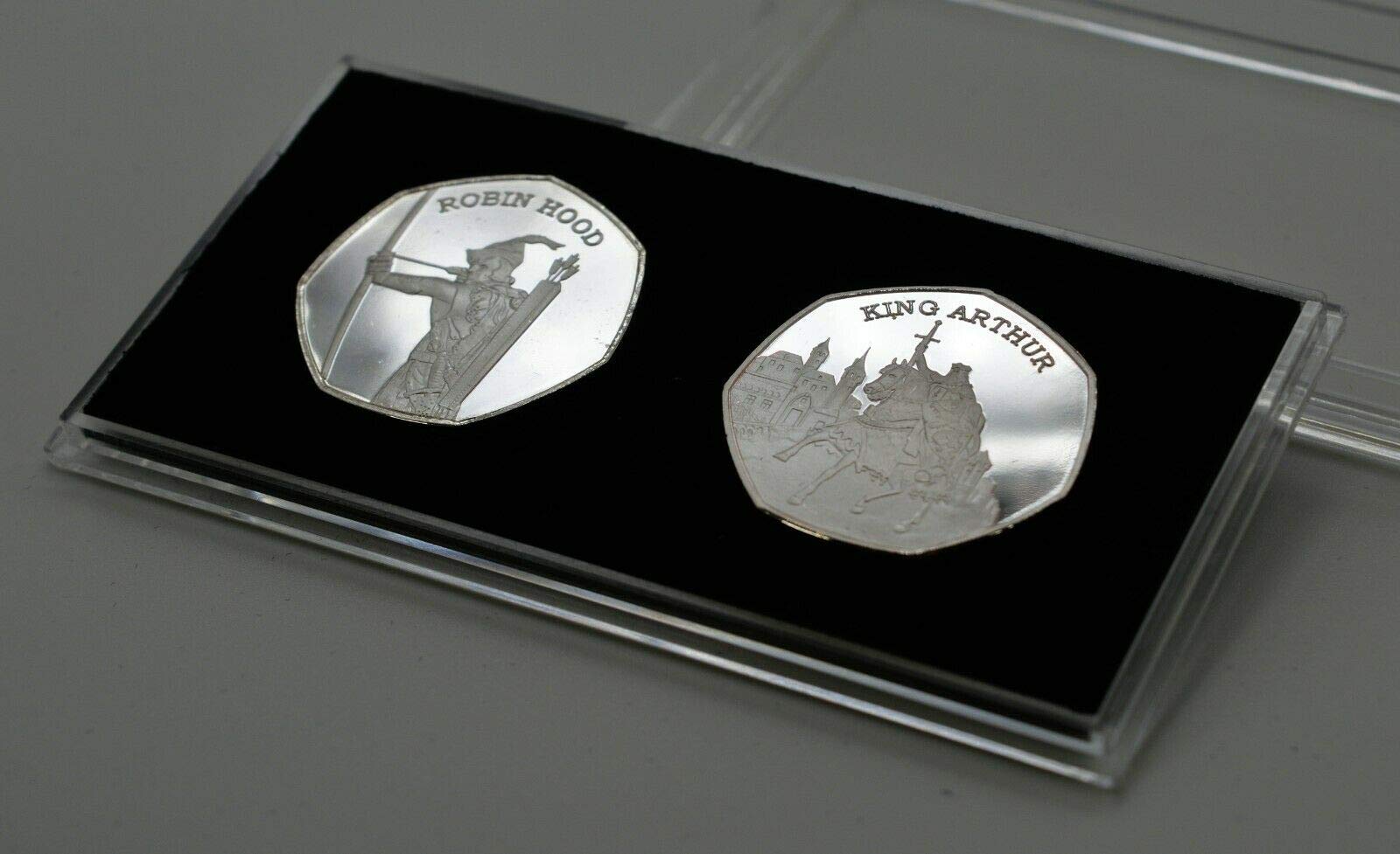The Commemorative Coin Company Silver King Arthur & Robin Hood Fine Commemoratives In 50P Coin Display Case. Excalibur, Sherwood Forest