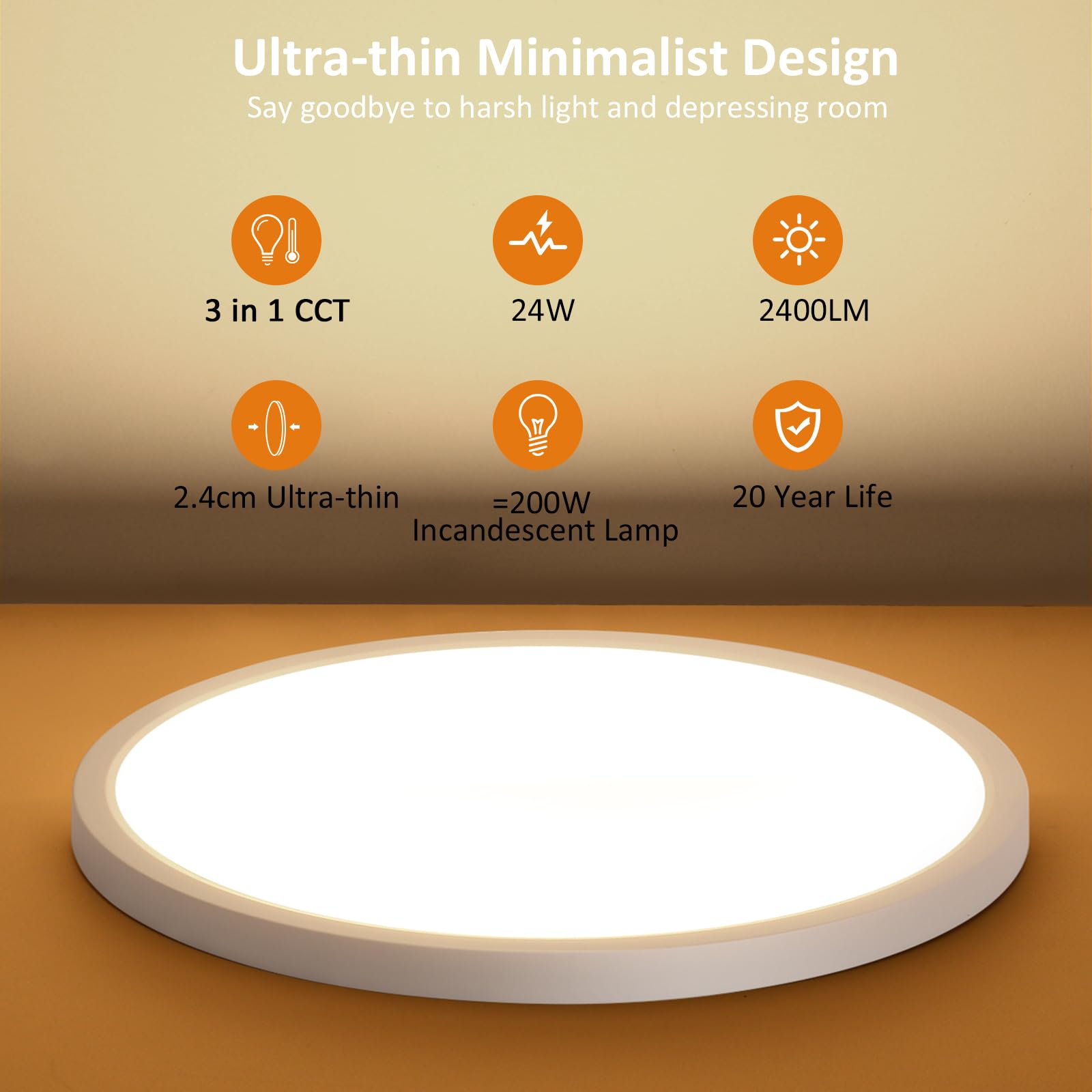 Oraymin Flat Round LED Ceiling Light, 24W IP44 Waterproof Bathroom Light, 3000K, White 18w With Twilight Sensor, 1 Pièces - Image 2