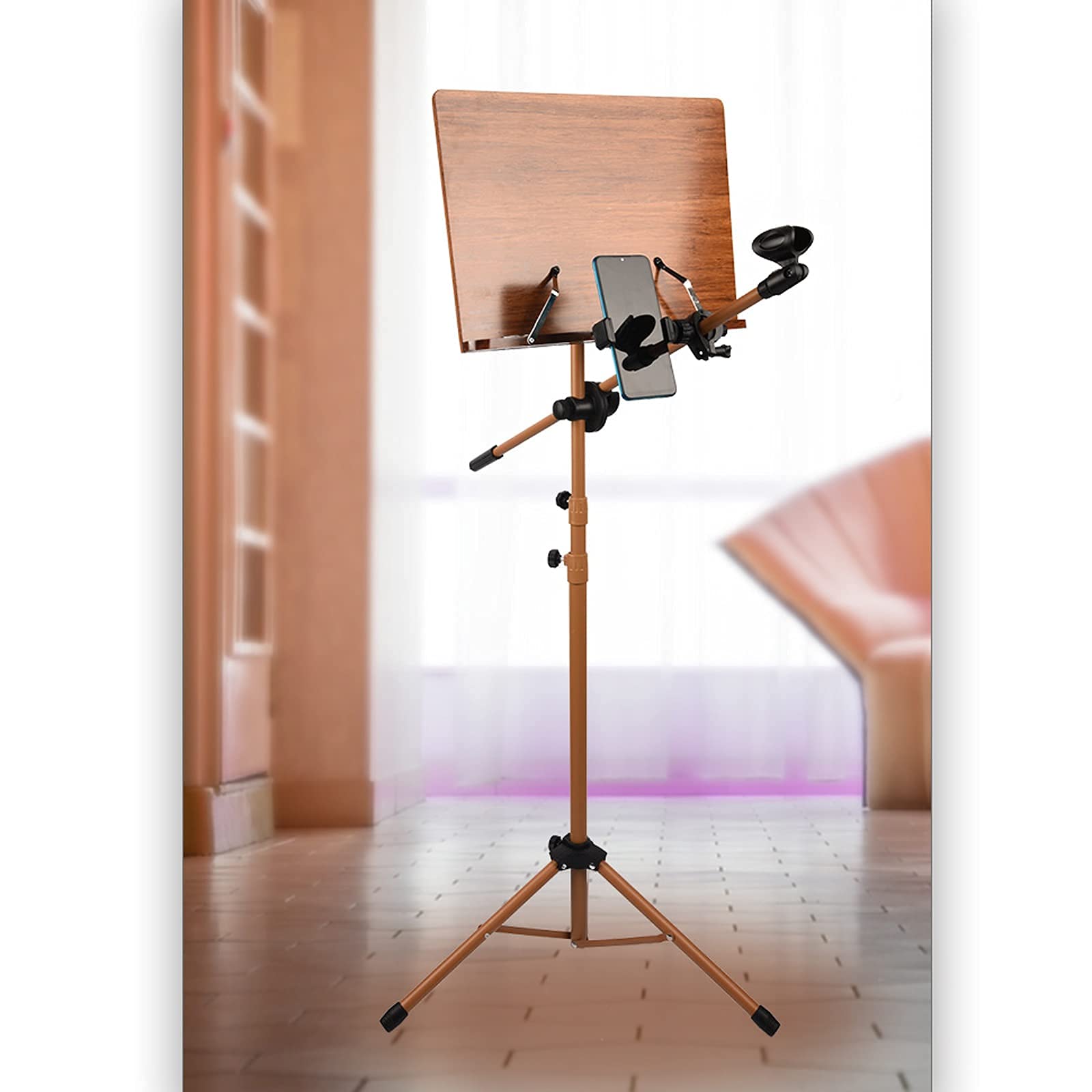 Supporto per partiture in bambù portatile, altezza regolabile 27.6-70,9 pollici treppiede pieghevole per la lettura di libri, supporto in legno stabile per strumenti, computer portatili, tablet in uff
